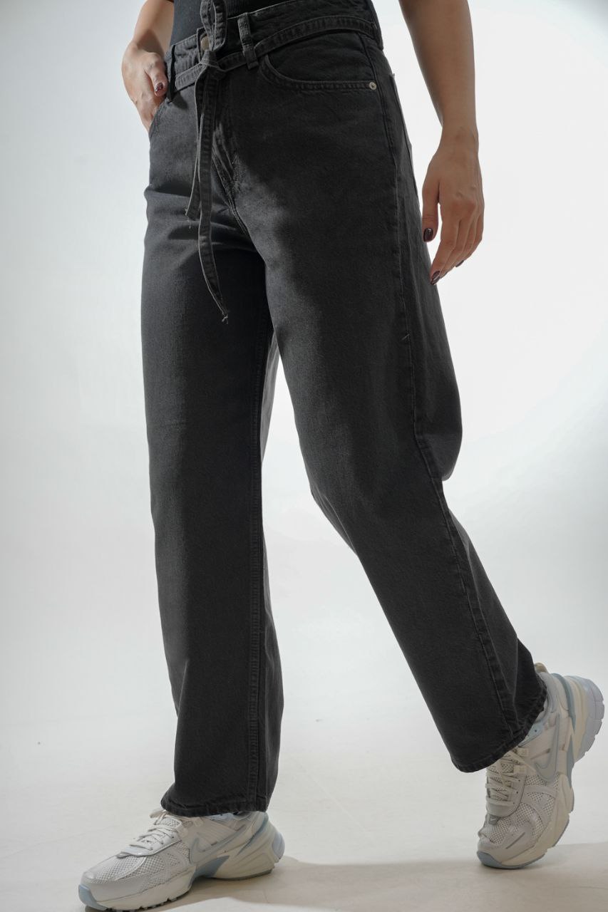 شلوار زنانه جین مام استایل کمربند دار